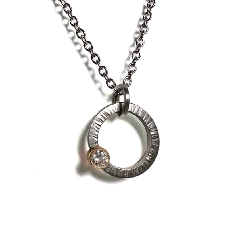 Oval Textured Diamond Stainless Steel Pendant Necklace