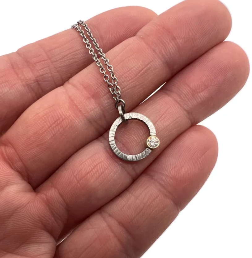 Oval Textured Diamond Stainless Steel Pendant Necklace