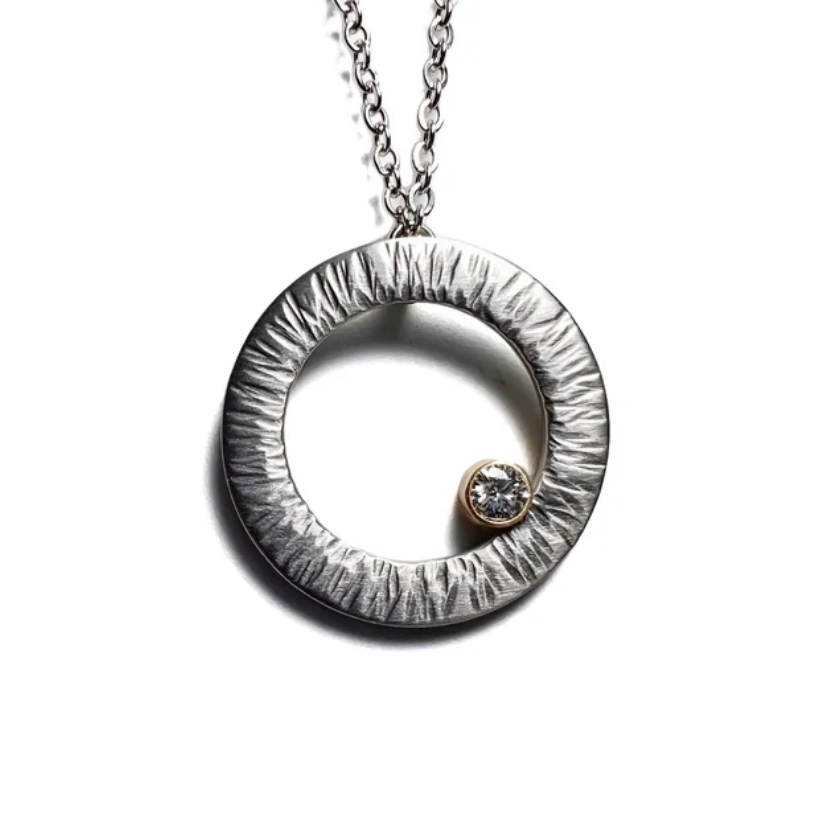 Round Textured Diamond Stainless Steel Pendant Necklace