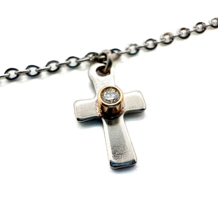 Tiny Diamond Stainless Steel Cross Pendant Necklace
