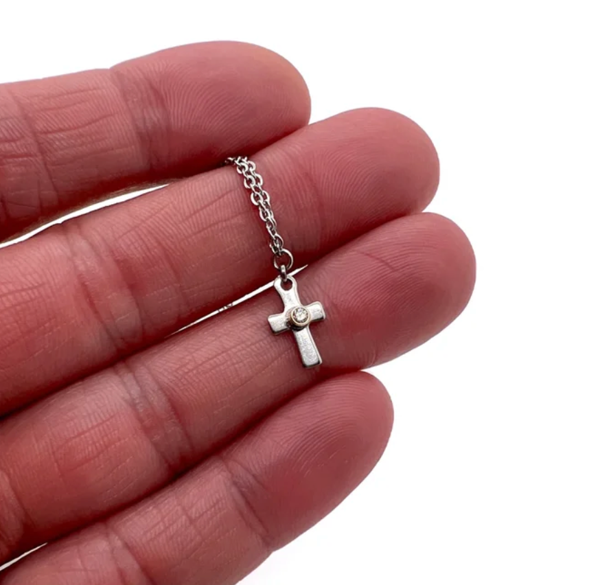 Tiny Diamond Stainless Steel Cross Pendant Necklace