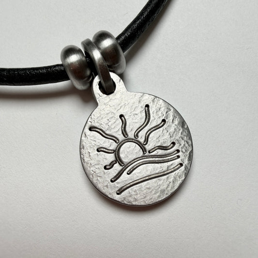Distressed Naturist Symbol Charm Leather Necklace