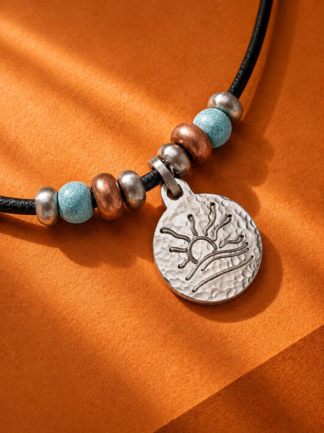 Copper and Turquoise Bead Naturist Symbol Leather Necklace