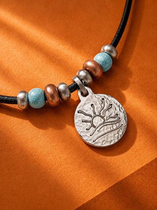 Copper and Turquoise Bead Naturist Symbol Leather Necklace