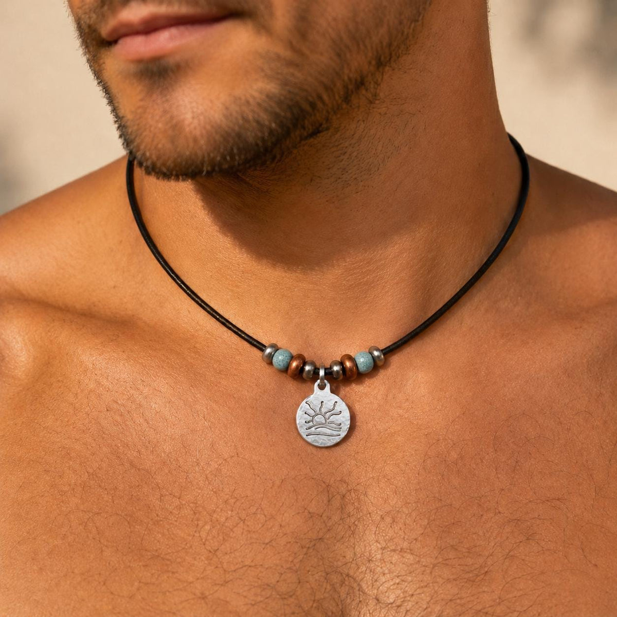 Copper and Turquoise Bead Naturist Symbol Leather Necklace