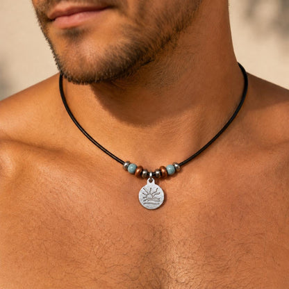 Copper and Turquoise Bead Naturist Symbol Leather Necklace