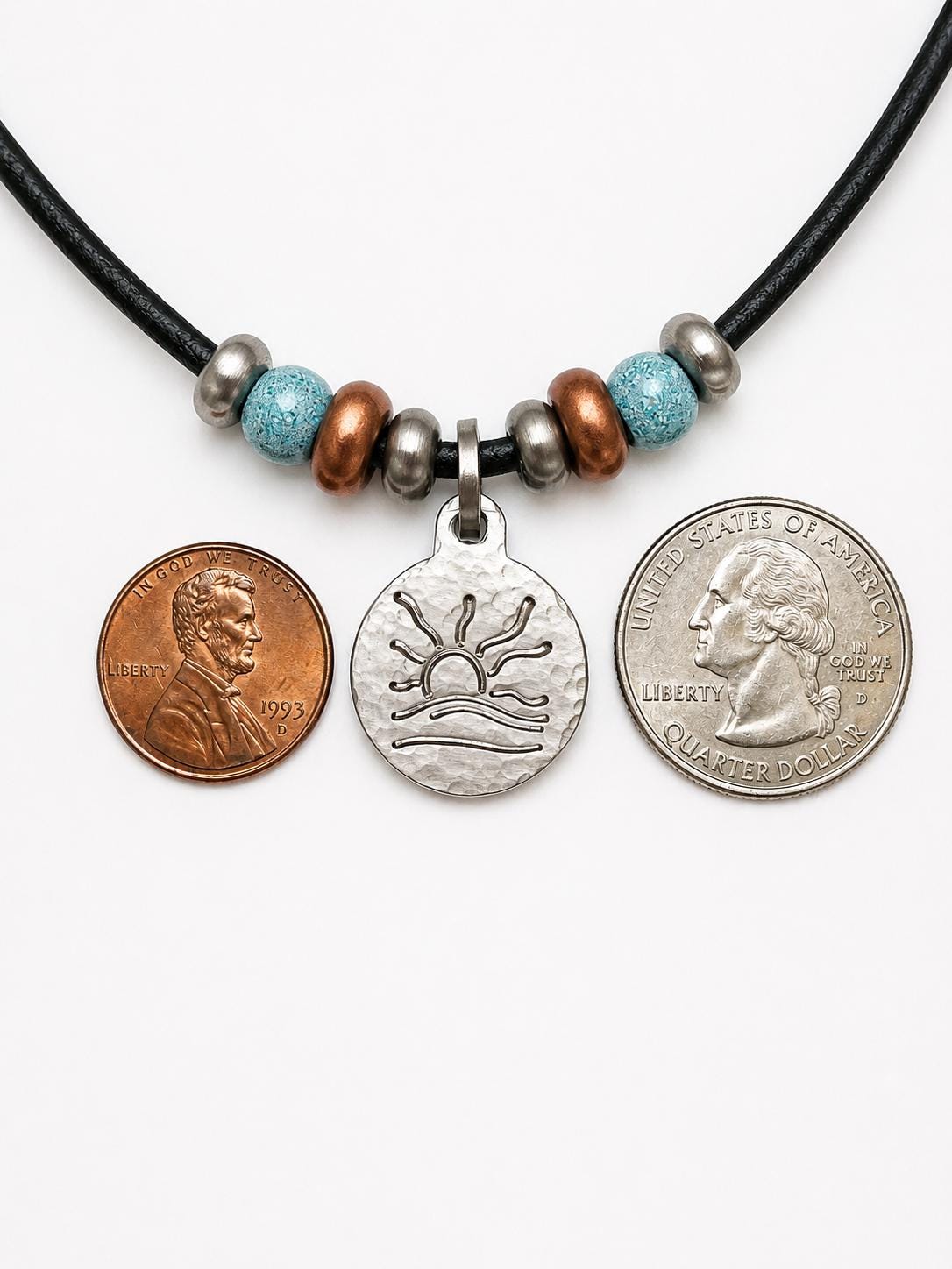 Copper and Turquoise Bead Naturist Symbol Leather Necklace