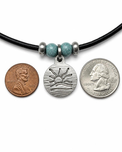 Turquoise Bead Hatched Naturist Symbol Leather Necklace