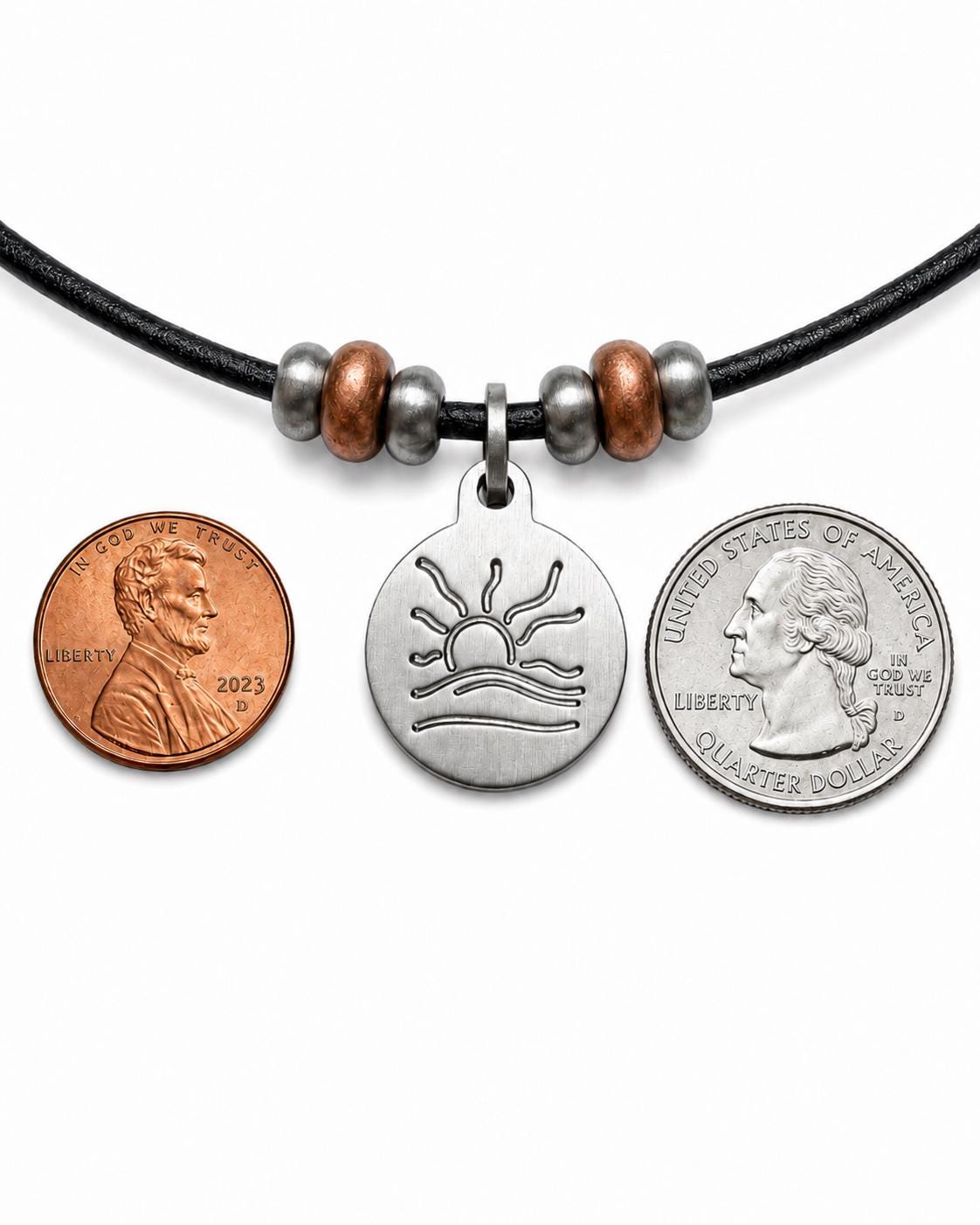 Copper Bead Hammered Naturist Symbol Leather Necklace