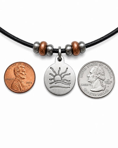 Copper Bead Hammered Naturist Symbol Leather Necklace