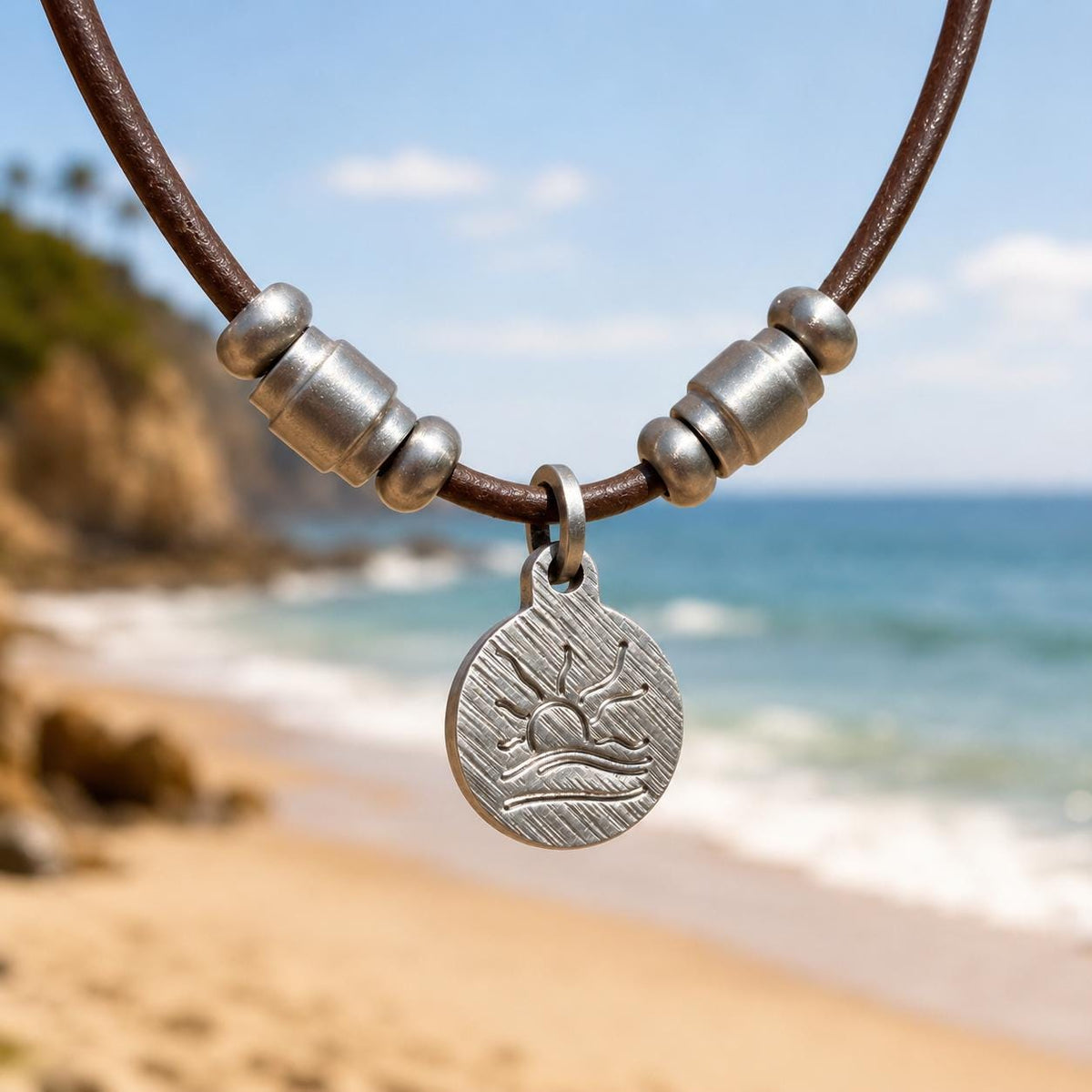 Barrel Bead Hatched Naturist Symbol Leather Necklace