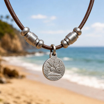 Barrel Bead Hatched Naturist Symbol Leather Necklace