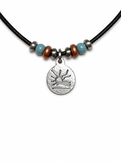 Copper and Turquoise Bead Naturist Symbol Leather Necklace