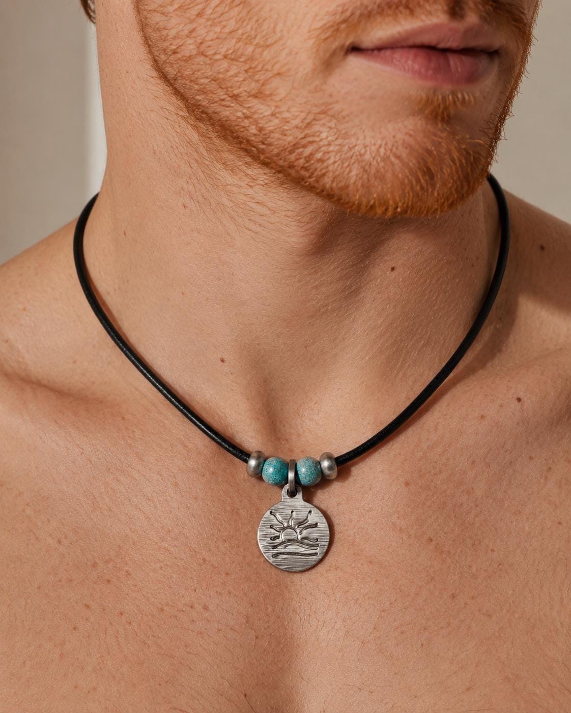 Turquoise Bead Hatched Naturist Symbol Leather Necklace