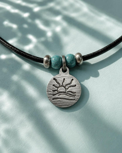 Turquoise Bead Hatched Naturist Symbol Leather Necklace