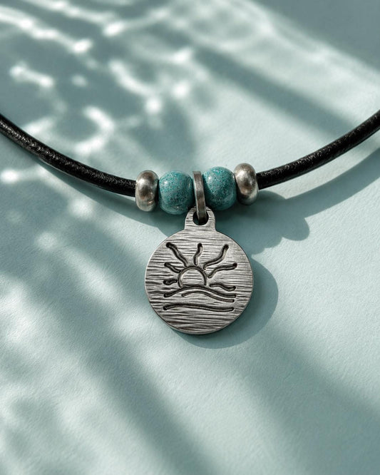Turquoise Bead Hatched Naturist Symbol Leather Necklace