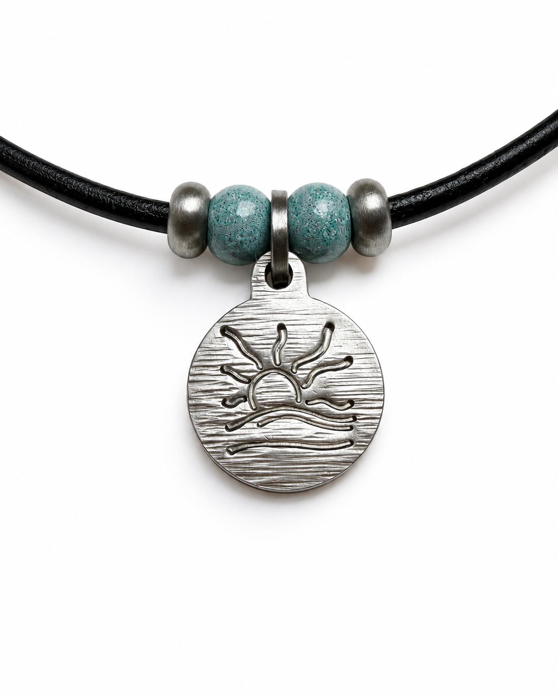Turquoise Bead Hatched Naturist Symbol Leather Necklace