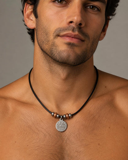 Copper Bead Hammered Naturist Symbol Leather Necklace
