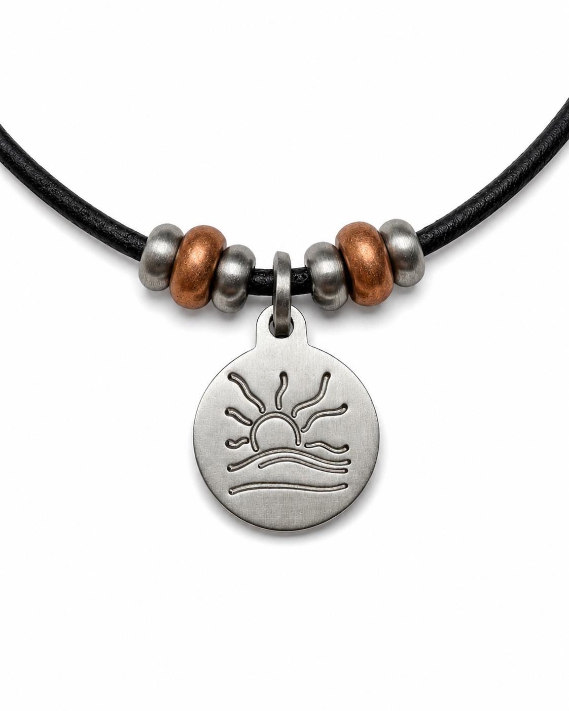 Copper Bead Hammered Naturist Symbol Leather Necklace