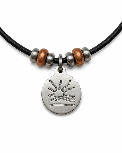 Copper Bead Hammered Naturist Symbol Leather Necklace