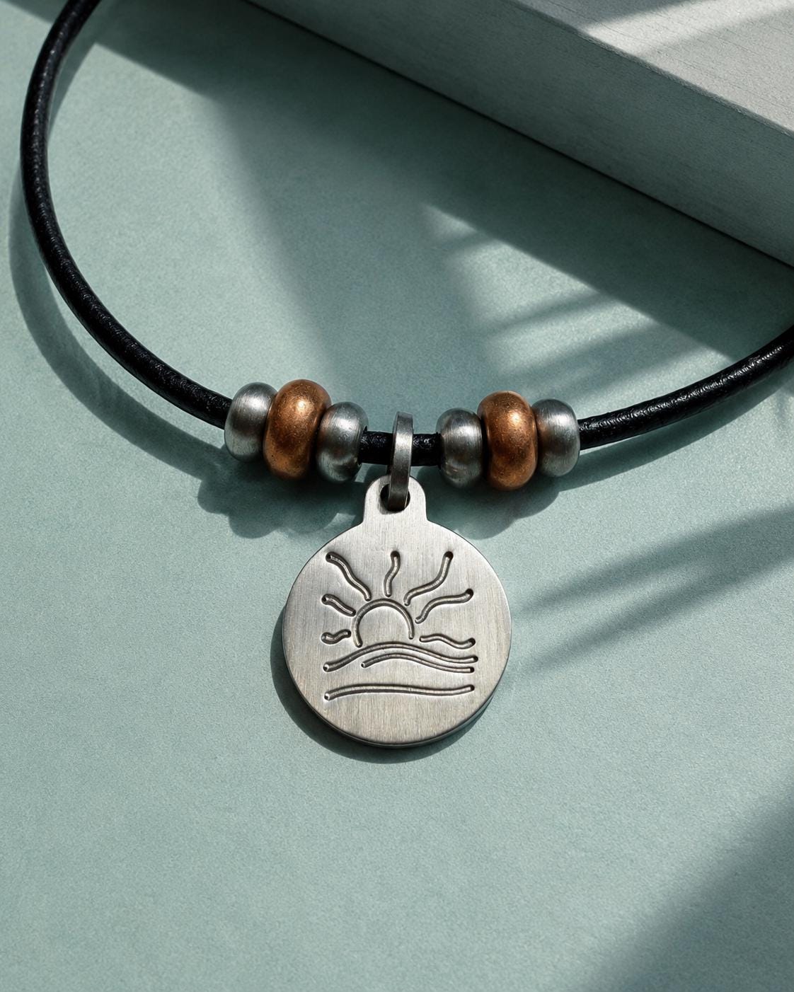 Copper Bead Hammered Naturist Symbol Leather Necklace