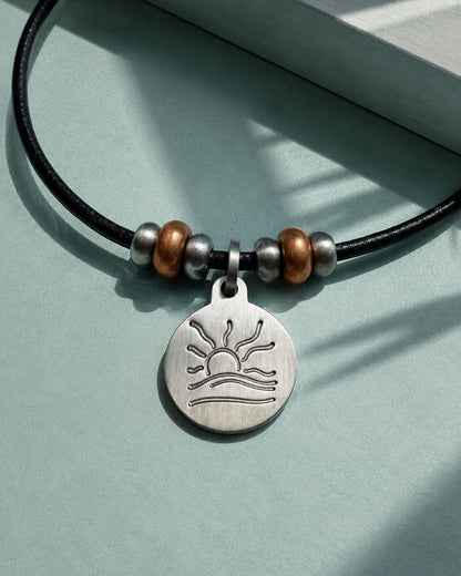 Copper Bead Hammered Naturist Symbol Leather Necklace