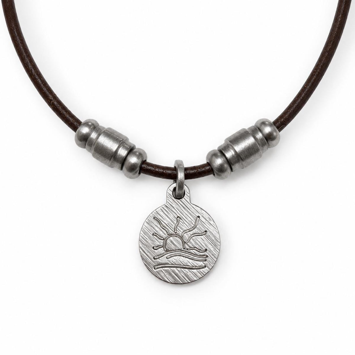 Barrel Bead Hatched Naturist Symbol Leather Necklace