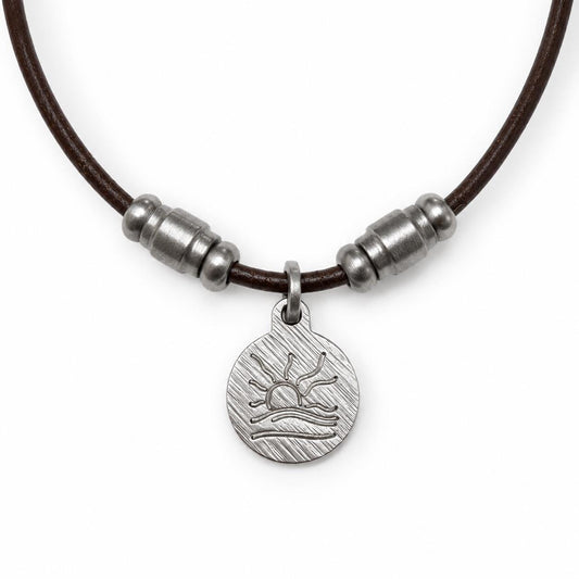 Barrel Bead Hatched Naturist Symbol Leather Necklace