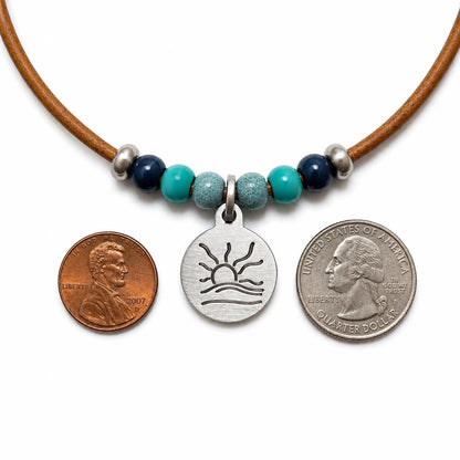 Blue and Teal Bead Naturist Symbol Leather Necklace
