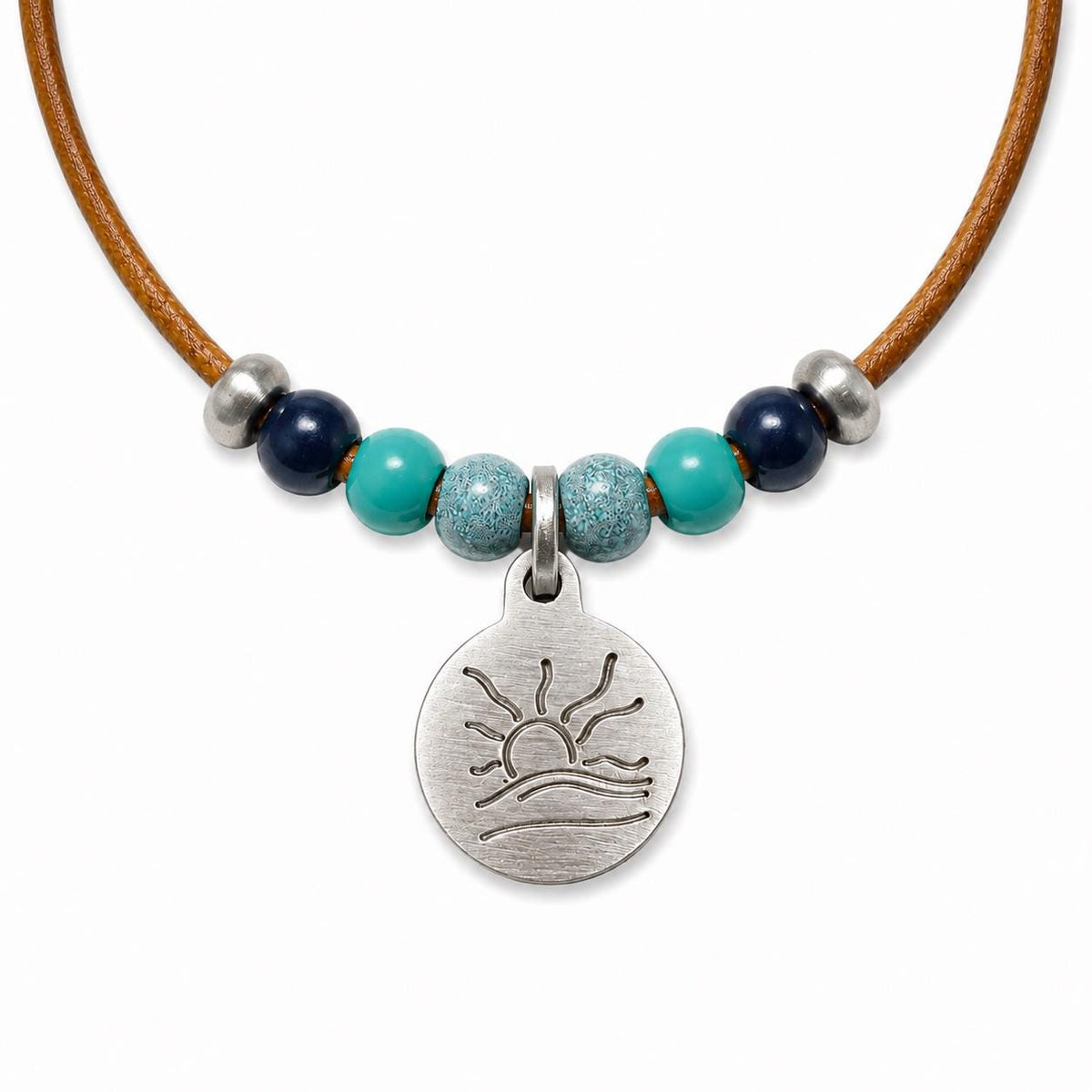 Blue and Teal Bead Naturist Symbol Leather Necklace