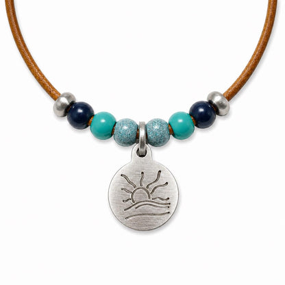 Blue and Teal Bead Naturist Symbol Leather Necklace