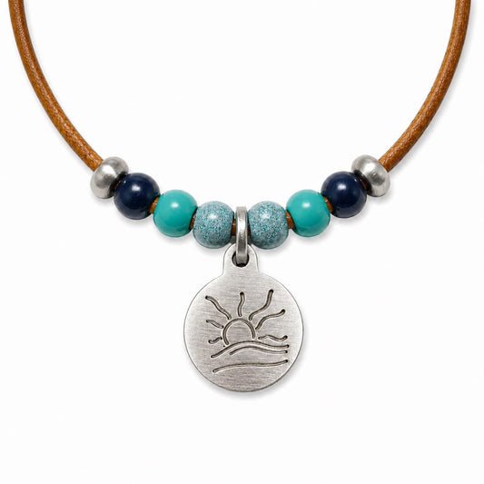 Blue and Teal Bead Naturist Symbol Leather Necklace