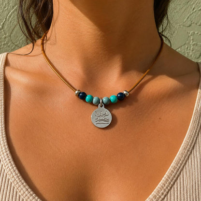 Blue and Teal Bead Naturist Symbol Leather Necklace