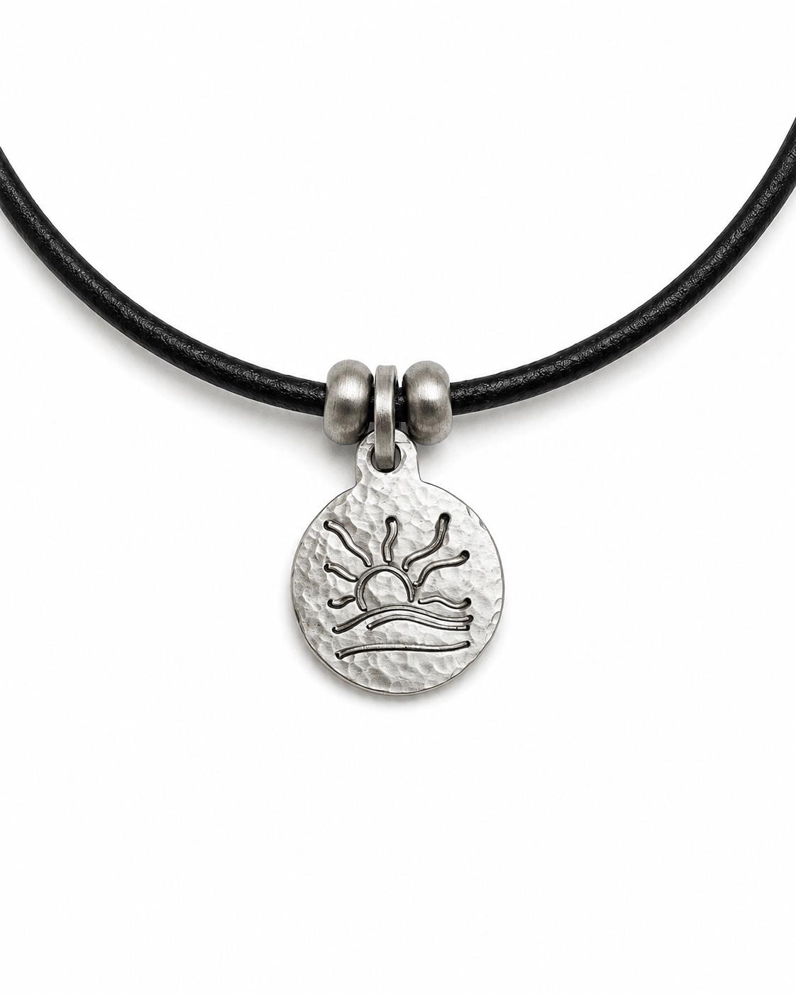 Hammered Naturist Symbol Charm Leather Necklace