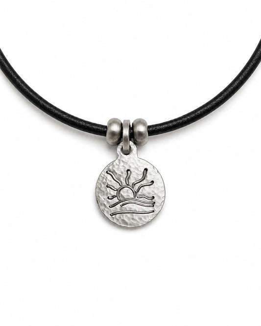 Hammered Naturist Symbol Charm Leather Necklace