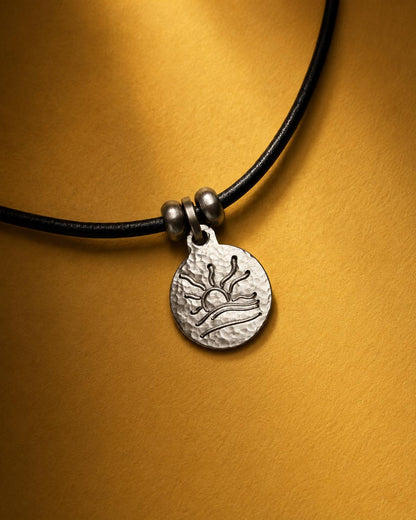 Hammered Naturist Symbol Charm Leather Necklace