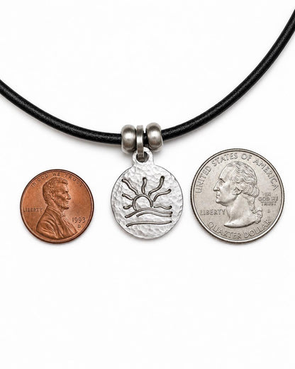 Hammered Naturist Symbol Charm Leather Necklace