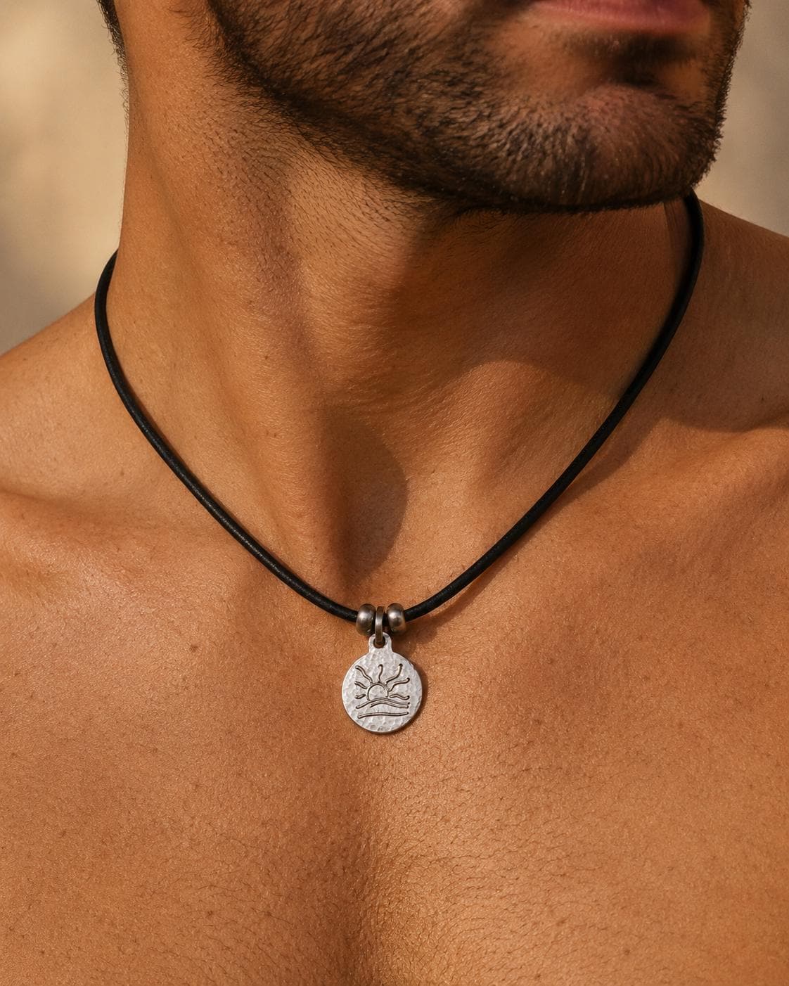 Hammered Naturist Symbol Charm Leather Necklace