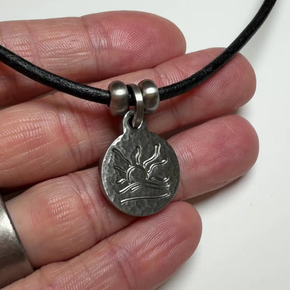 Hammered Naturist Symbol Charm Leather Necklace