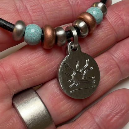 Copper and Turquoise Bead Naturist Symbol Leather Necklace